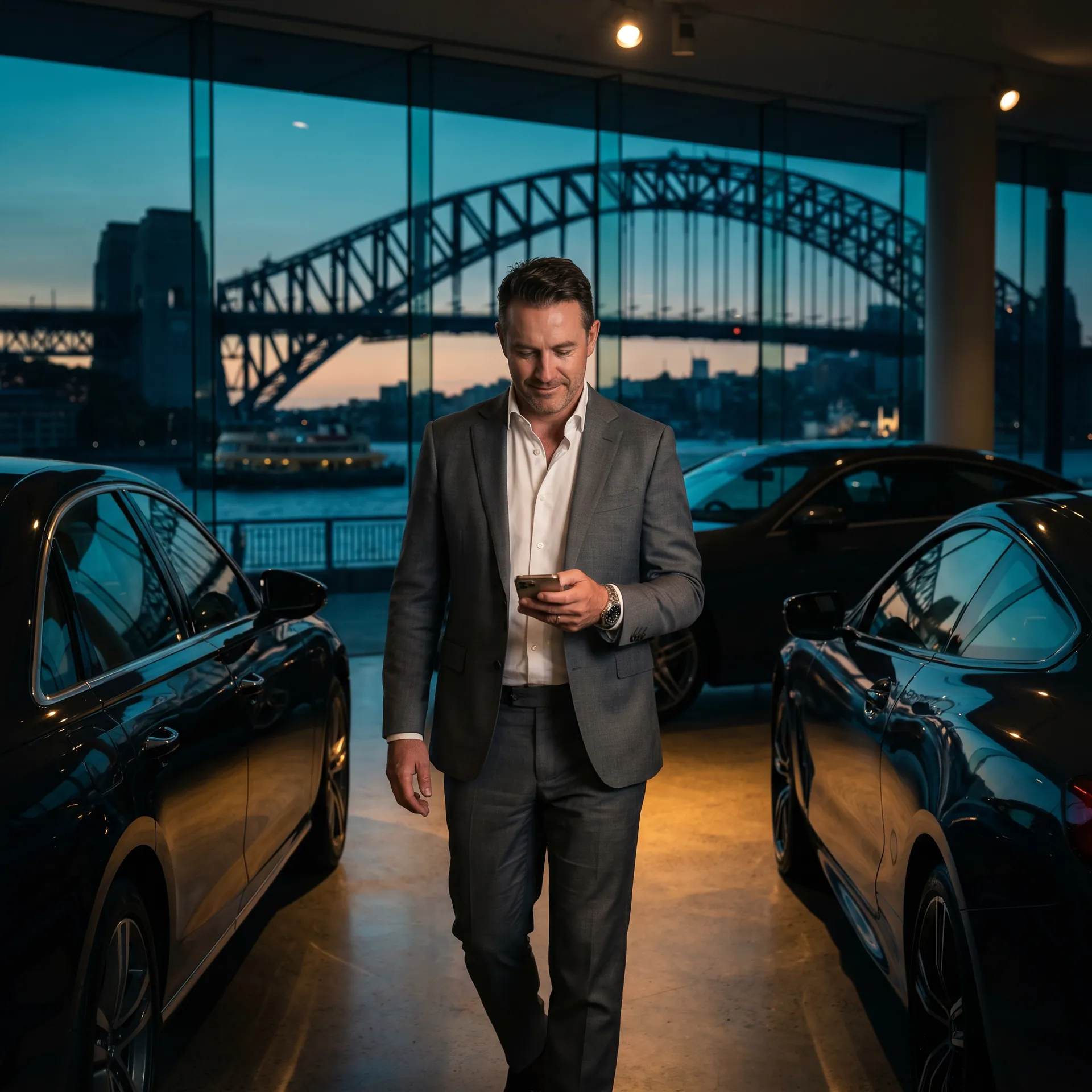 A Sydney auto-dealer principal walking his showroom at blue hour while AI sales follow-up works his test-drive list, the Harbour Bridge framed beyond the glass.