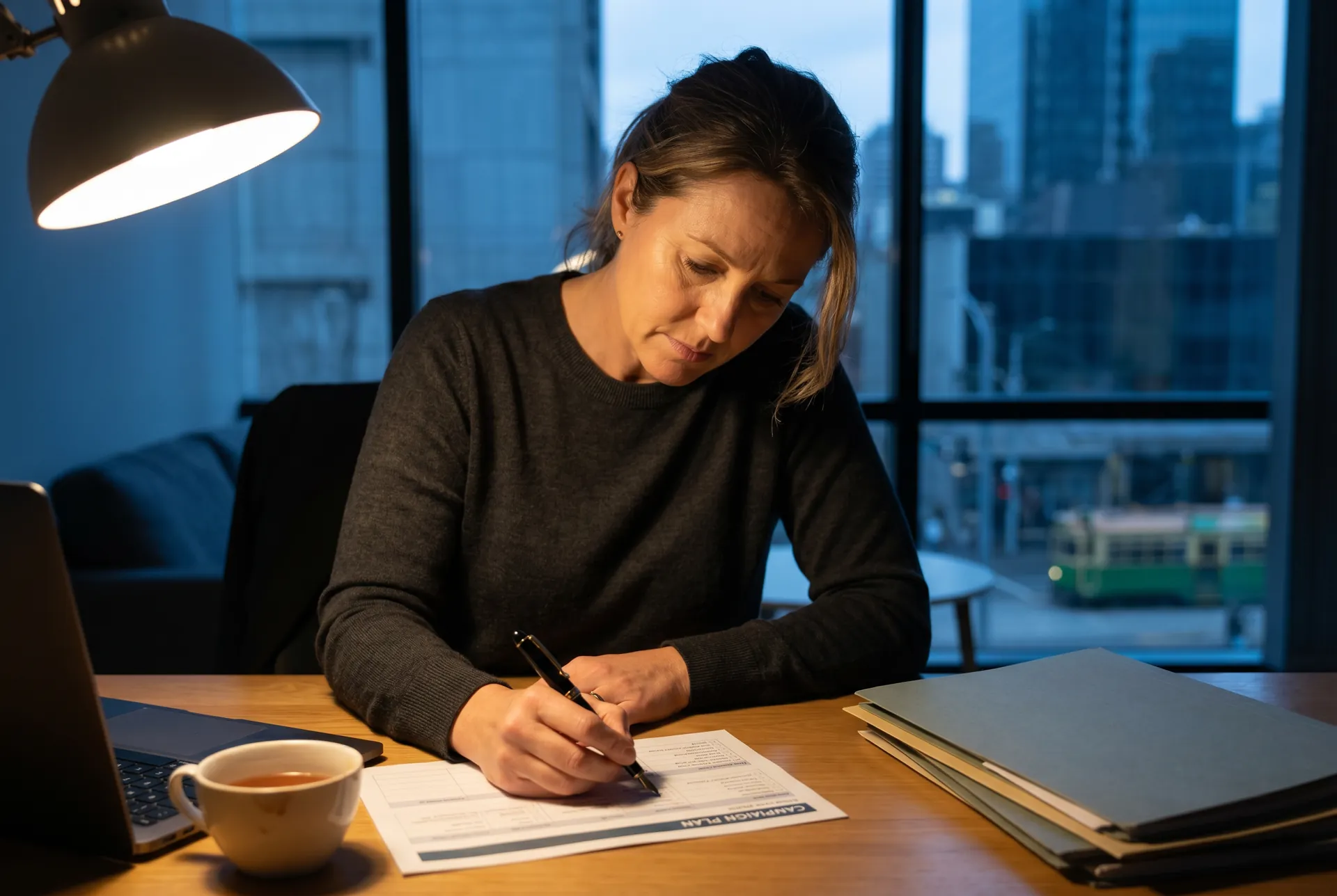 A Melbourne financial advisor reviewing her AI sales workforce campaign plan late at her desk under warm lamplight, the cool blue city visible through her office window.