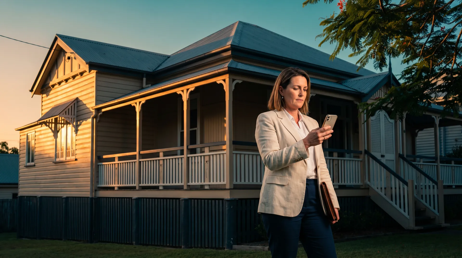 A Brisbane real estate agent reviewing her AI sales team's weekly follow-up calls at golden hour, phone in hand on the front lawn of a Queenslander home.