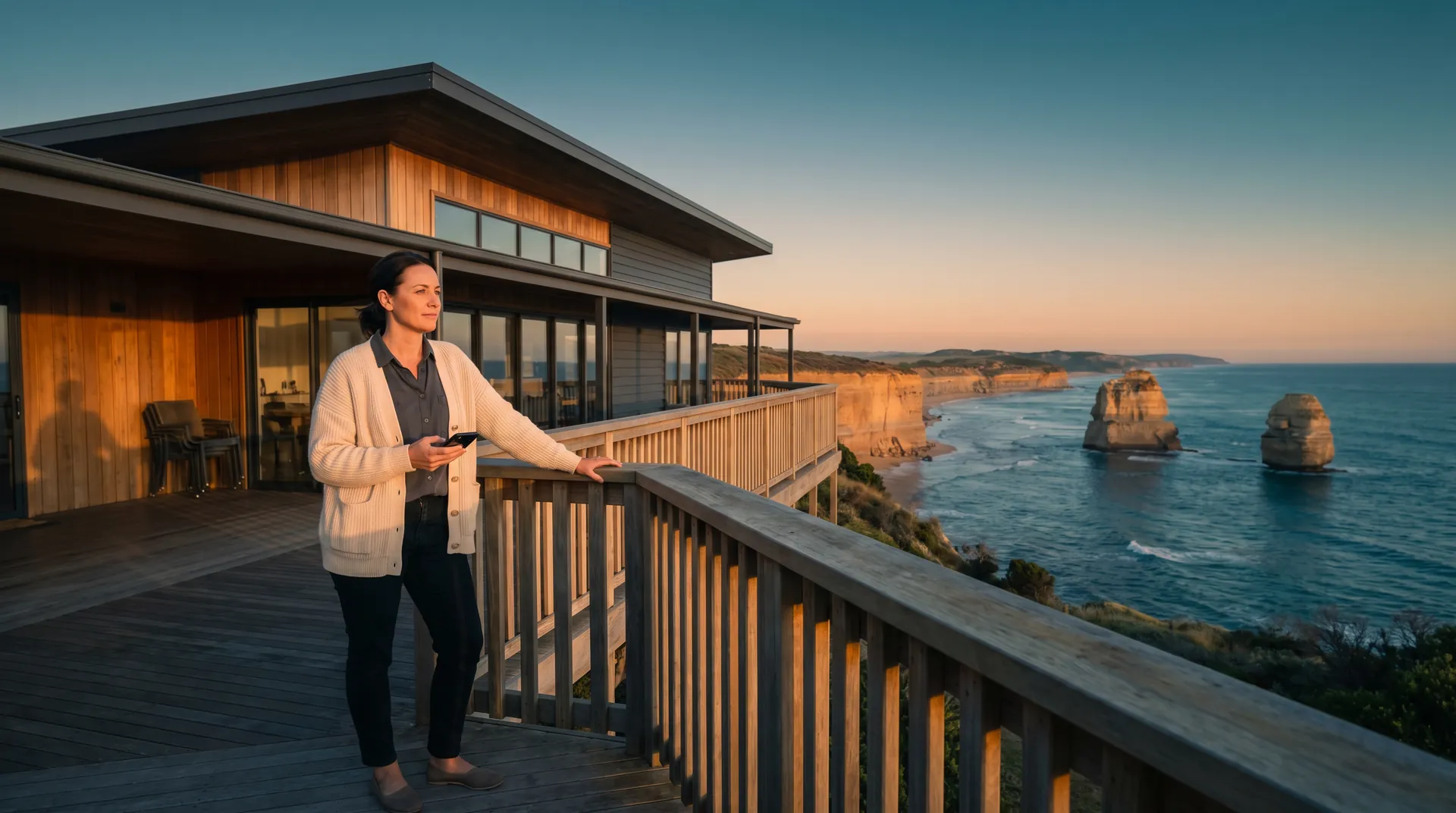 A boutique hotel operator reviewing her AI sales workforce results on her timber verandah above the Twelve Apostles at golden hour, phone in hand.