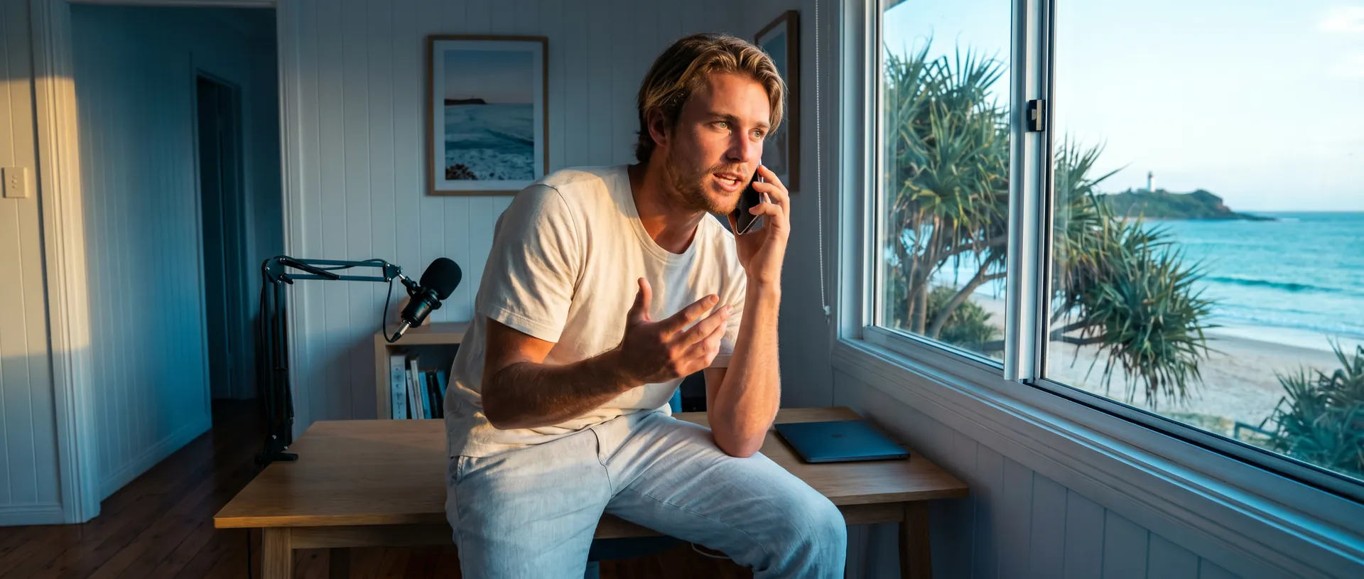 A Byron Bay creator on a customer call in his home studio while his AI sales team handles follow-up across every channel, late-afternoon light onto pandanus and the ocean.